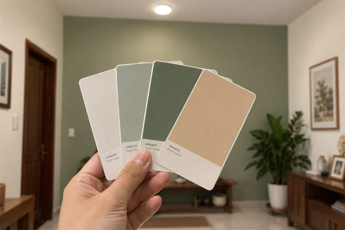 Ướm thử quạt màu lên tường để chọn tông