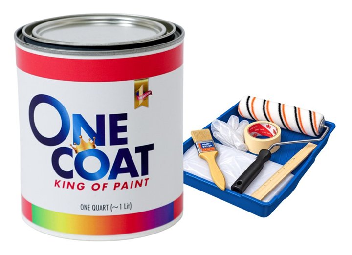 Lon sơn OneCoat Pro 1 lít đi kèm bộ KIT thi công: khay, rulo, cọ, băng keo, găng tay