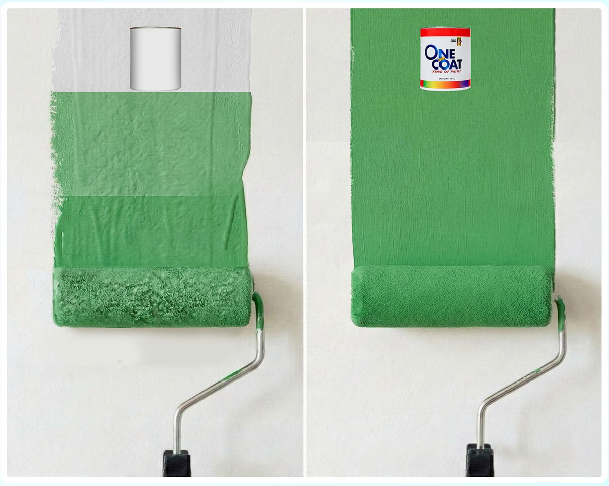 So sánh cùng một lượt lăn: sơn thường phủ loang không đều, OneCoat Pro phủ kín đều ngay lượt đầu
