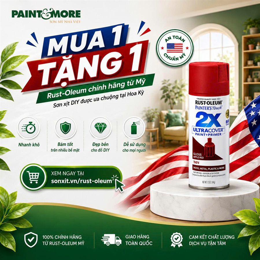 Mua 1 tặng 1 sơn xịt Rust-Oleum chính hãng từ Mỹ — nhanh khô, bám tốt trên nhiều bề mặt, đẹp bền cho đồ DIY