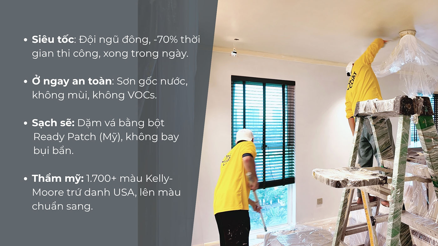 Dịch vụ sơn nhà trọn gói Paint & More: siêu tốc xong trong ngày, sơn gốc nước không mùi không VOCs, dặm vá sạch sẽ, hơn 1.700 màu Kelly-Moore USA